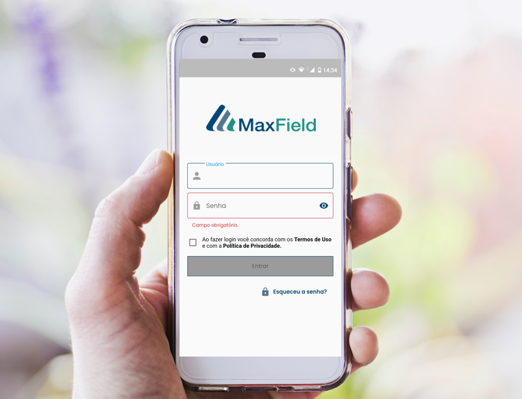Aplicativo MaxField em smartphone, tela de acesso